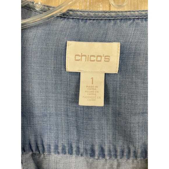 Chico's Size 1 Chambray Open Shirt Jacket Size Medium Roll Tab Sleeve - Picture 5 of 10